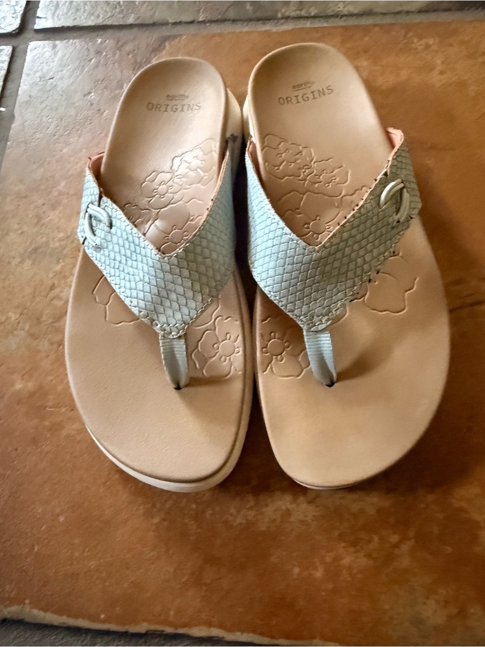 Origins Women’s Pale Blue Woven Thong Sandals with Tan Footbed